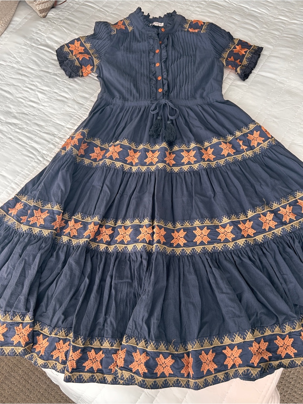 Boho Embroidered Navy Dress with Orange Accents